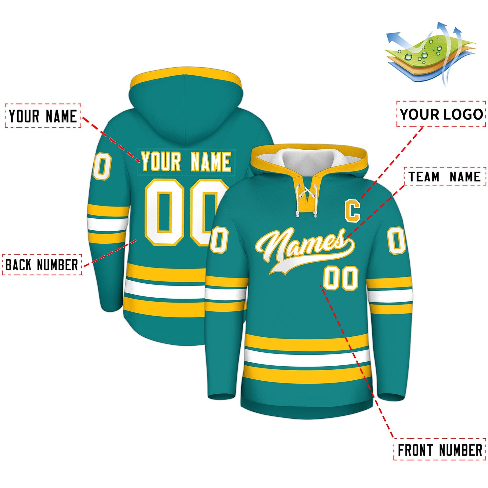 Custom Hockey Hoodie Jersey Teal Gold Classic Style Add Name,Number & Logo