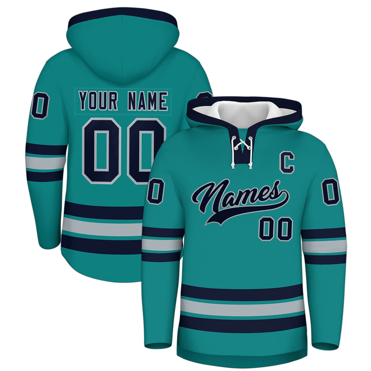 Custom Hockey Hoodie Jersey Teal Navy Classic Style Add Name,Number &amp; Logo