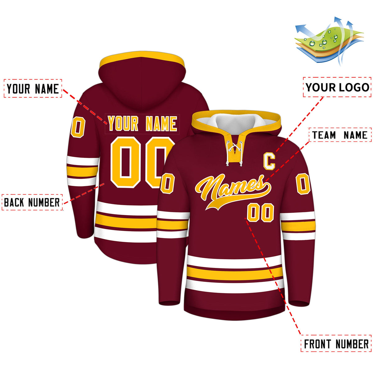 Custom Hockey Hoodie Jersey Crimson Gold Classic Style Add Name,Number&amp;Logo