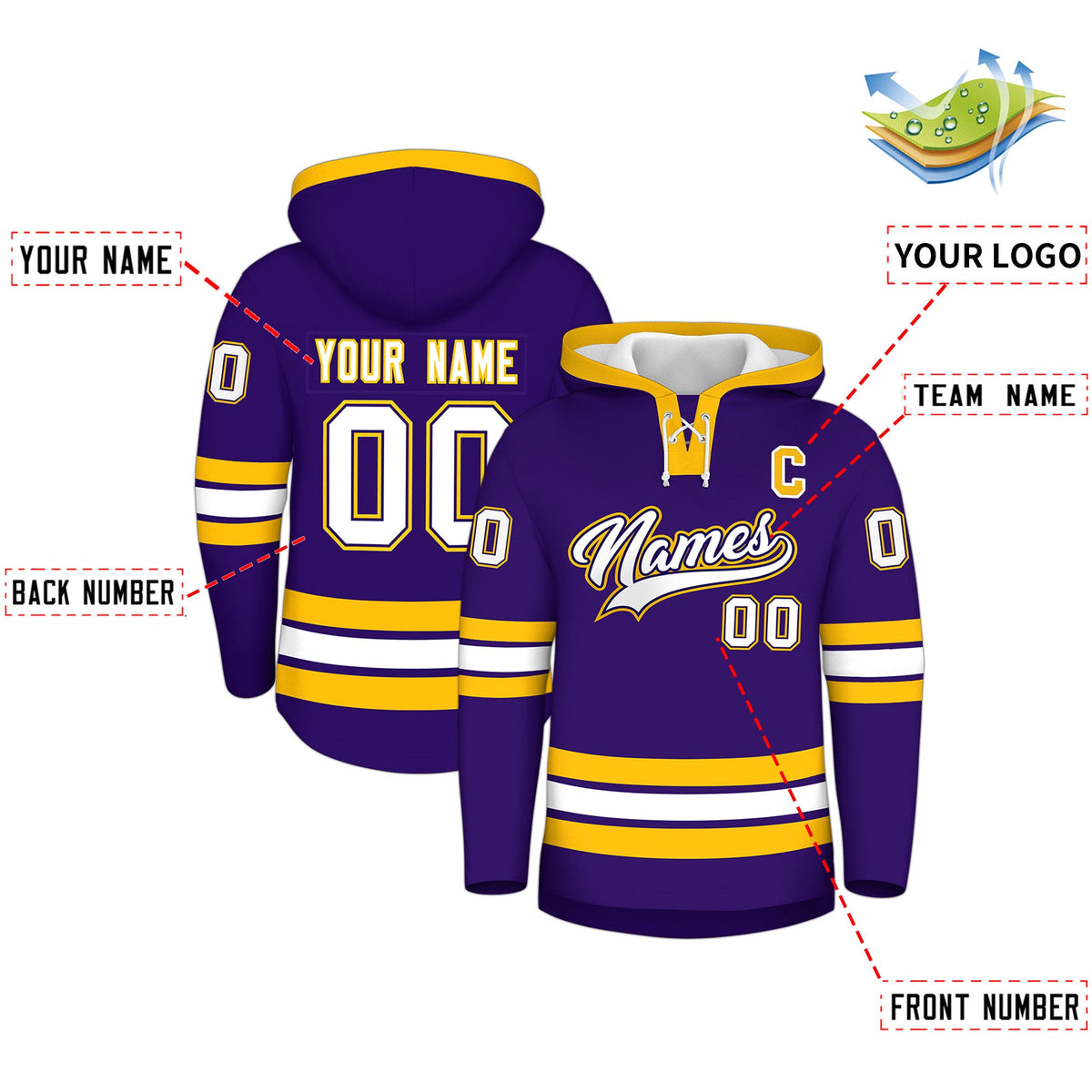 Custom Hockey Hoodie Jersey Purple Gold Classic Style for Men&amp;Youth
