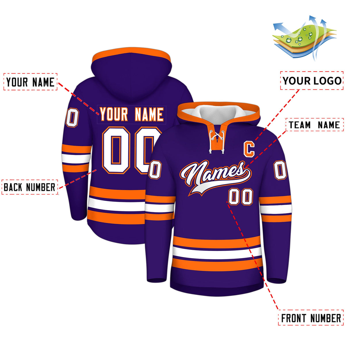 Custom Hockey Hoodie Jersey Purple Orange Classic Style Add Name,Number&amp;Logo