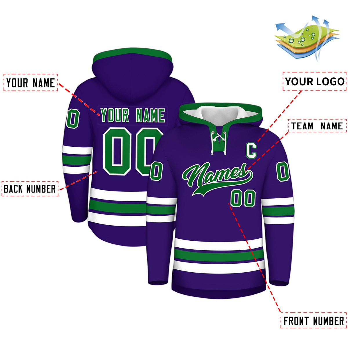 Custom Hockey Hoodie Jersey Purple Kelly Green Classic Style for Men&amp;Youth