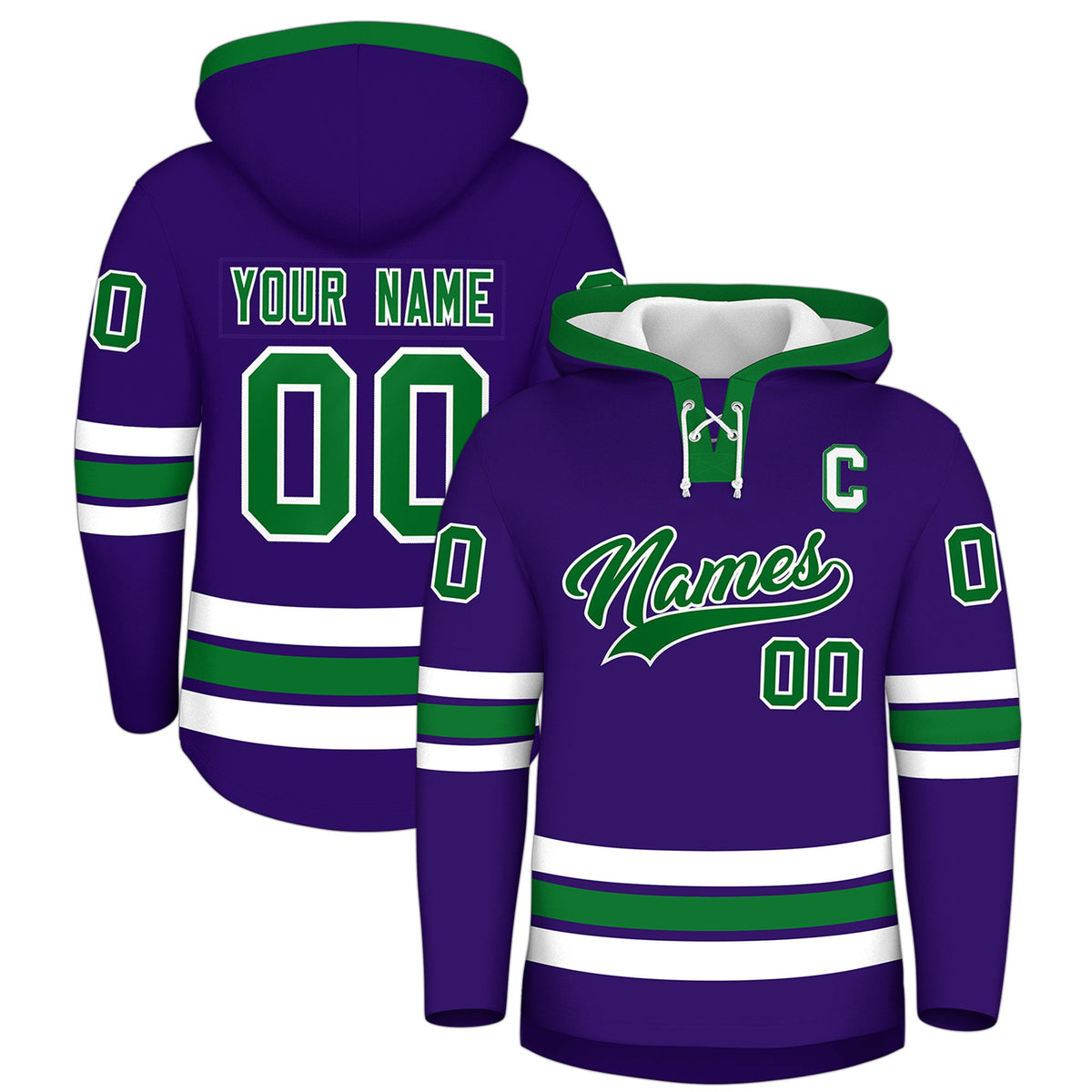 Custom Hockey Hoodie Jersey Purple Kelly Green Classic Style for Men&amp;Youth