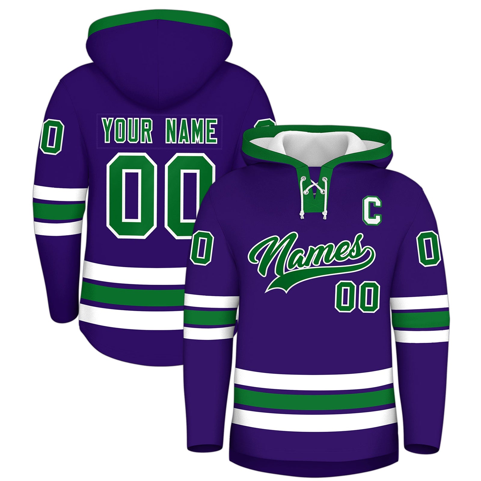 Custom Hockey Hoodie Jersey Purple Kelly Green Classic Style for Men&Youth
