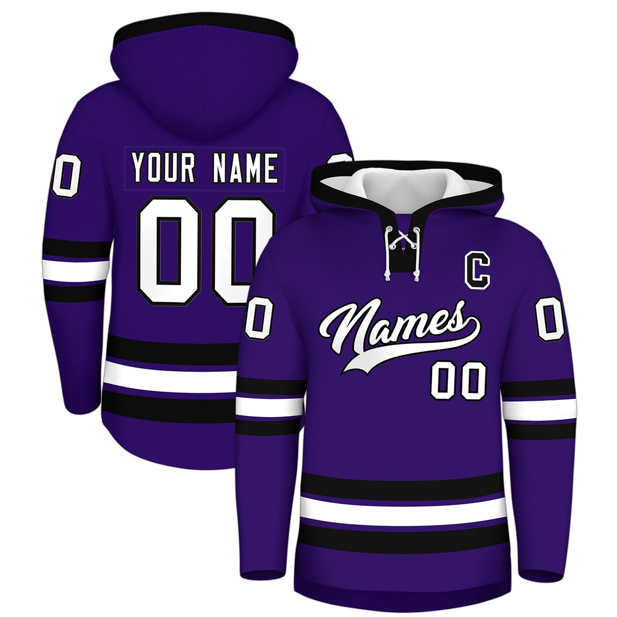 Custom Hockey Hoodie Jersey Purple Black Classic Style Add Name,Number&amp;Logo