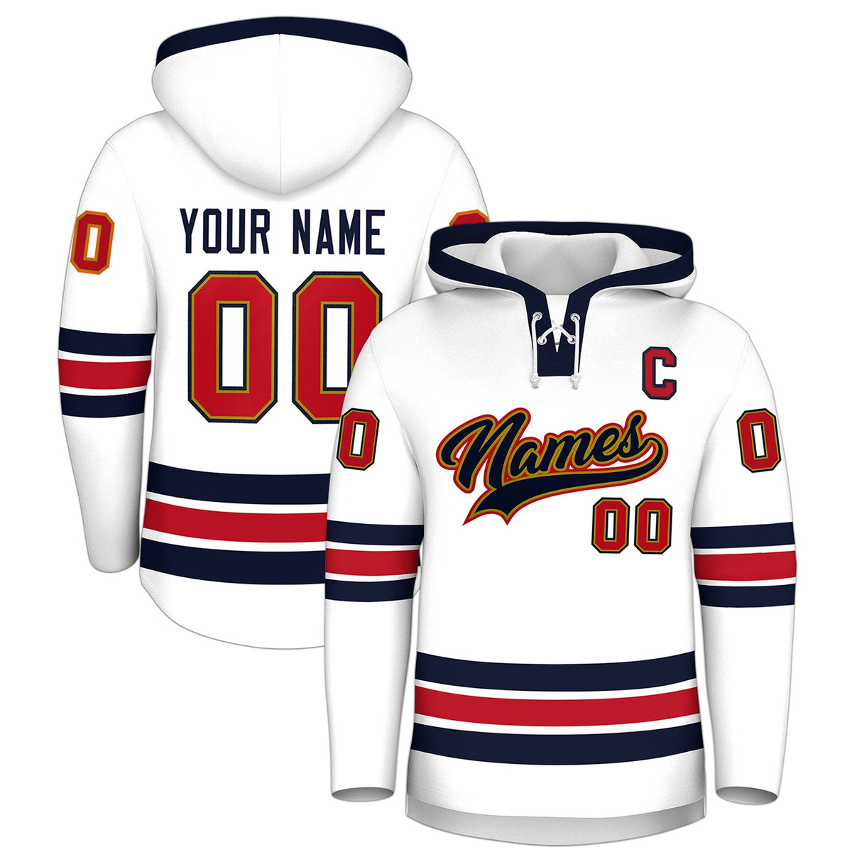 Custom Hockey Hoodie Jersey White Navy Classic Style Add Name,Number &amp; Logo