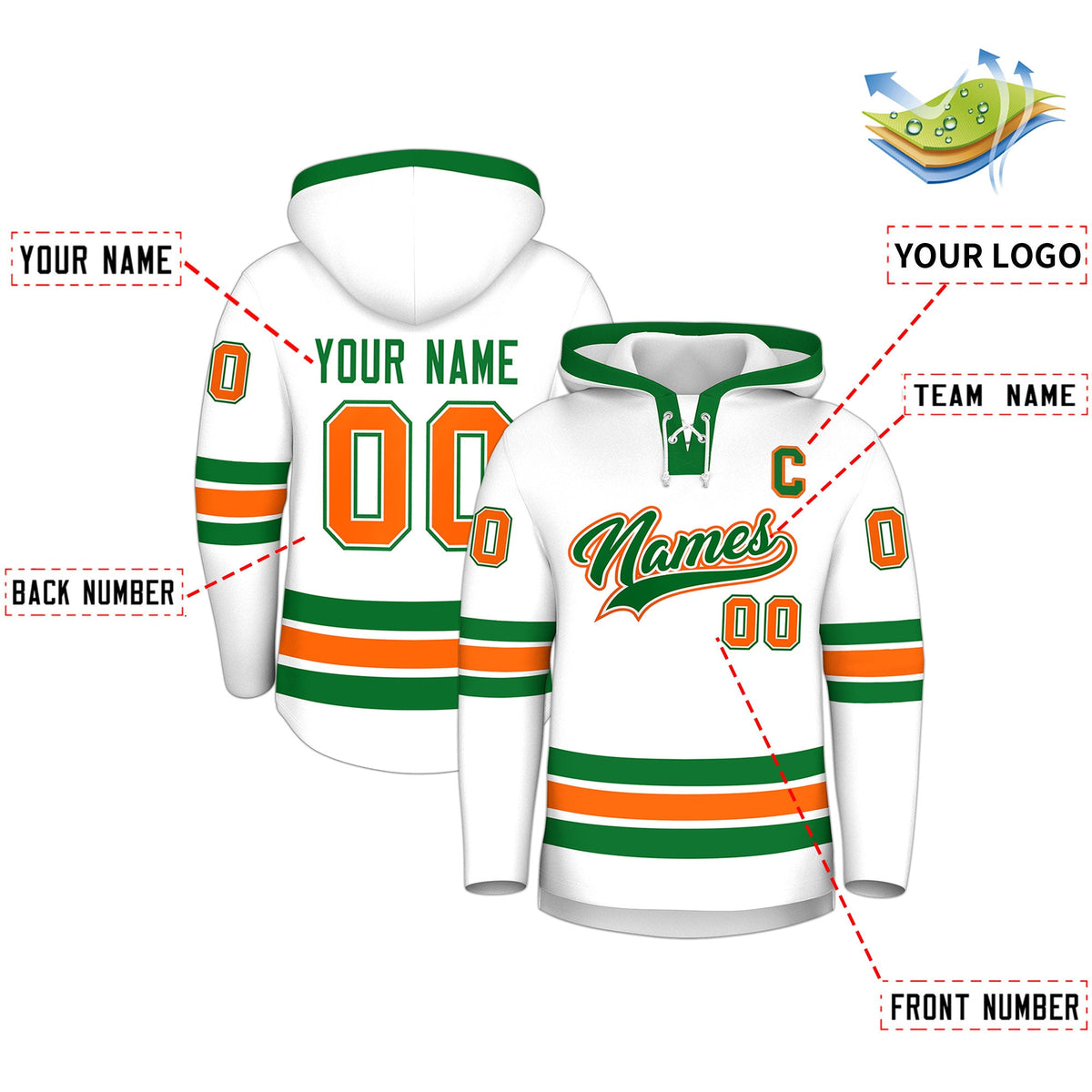 Custom Hockey Hoodie Jersey White Kelly Green Classic Style for Men&amp;Youth