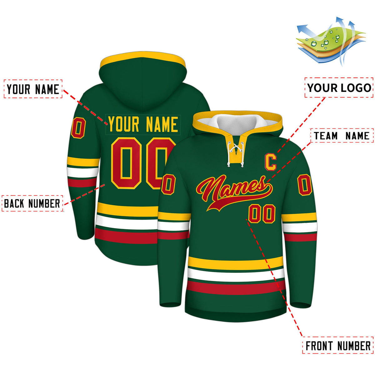 Custom Hockey Hoodie Jersey Dark Green Gold Classic Style Add Name,Number &amp; Logo
