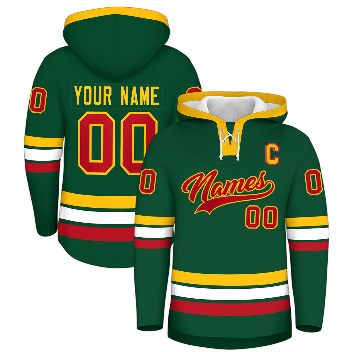 Custom Hockey Hoodie Jersey Dark Green Gold Classic Style Add Name,Number &amp; Logo