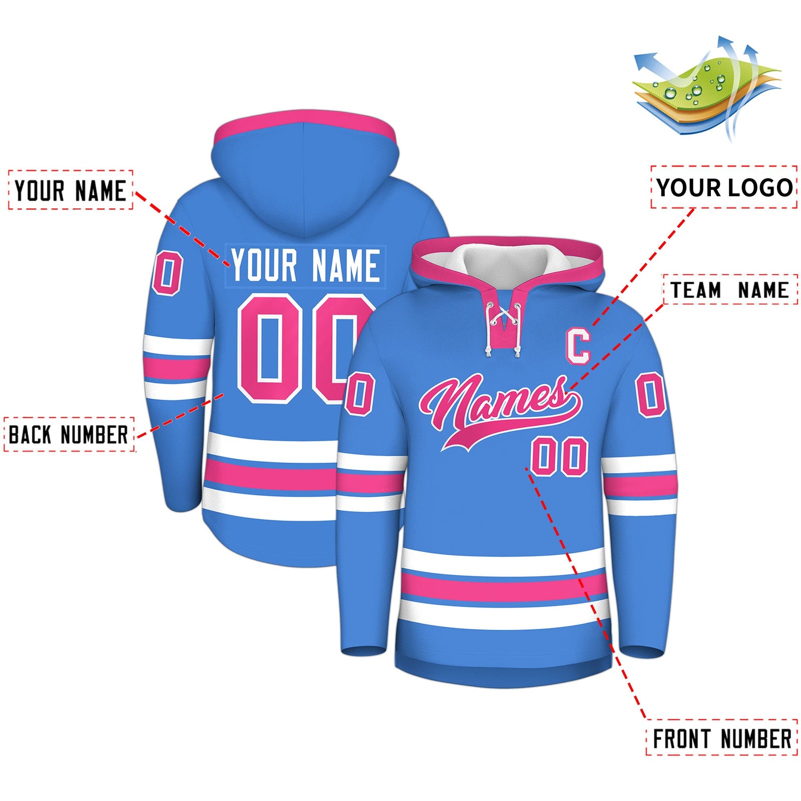Custom Hockey Hoodie Jersey Powder Blue Pink Classic Style for Men&Youth