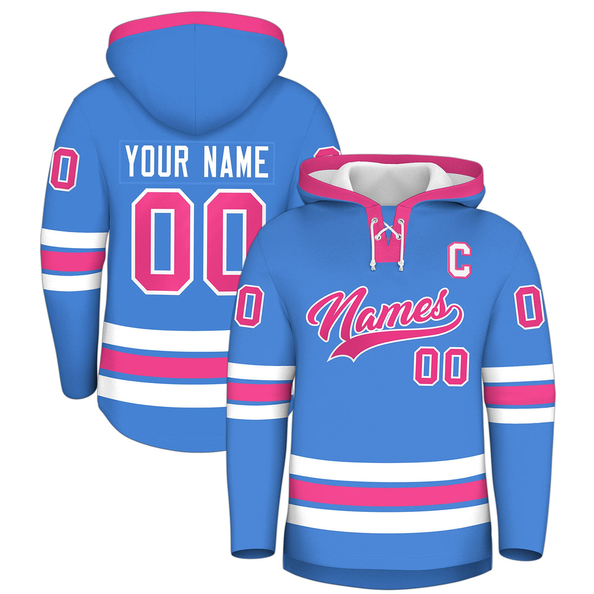Custom Hockey Hoodie Jersey Powder Blue Pink Classic Style for Men&amp;Youth