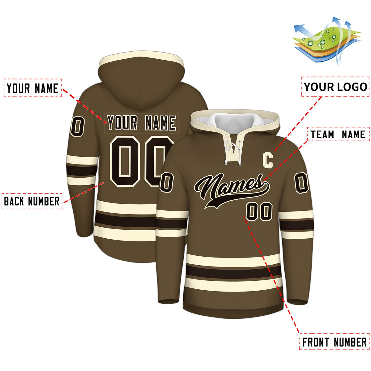 Custom Hockey Hoodie Jersey Light Brown Cream Classic Style Add Name,Number &amp; Logo