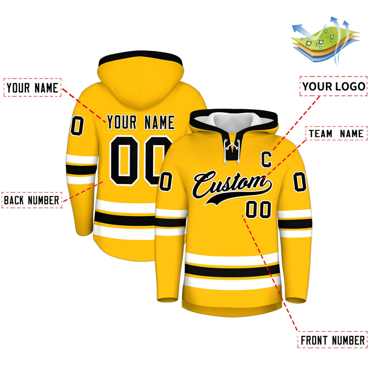 Custom Hockey Hoodie Jersey Gold Black Classic Style Add Name,Number &amp; Logo