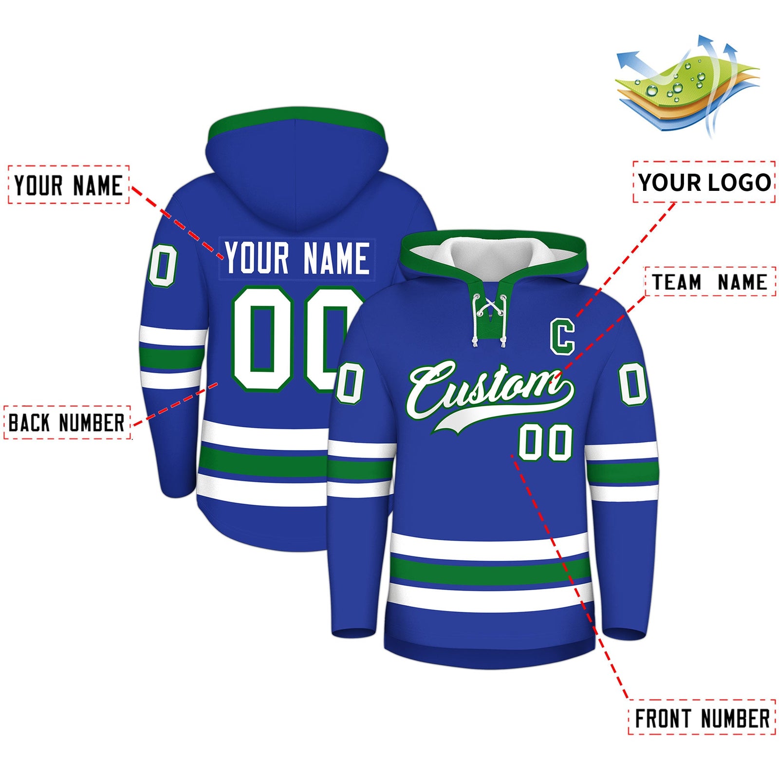 Custom Hockey Hoodie Jersey Royal Blue Kelly Green Classic Style for Men&Youth