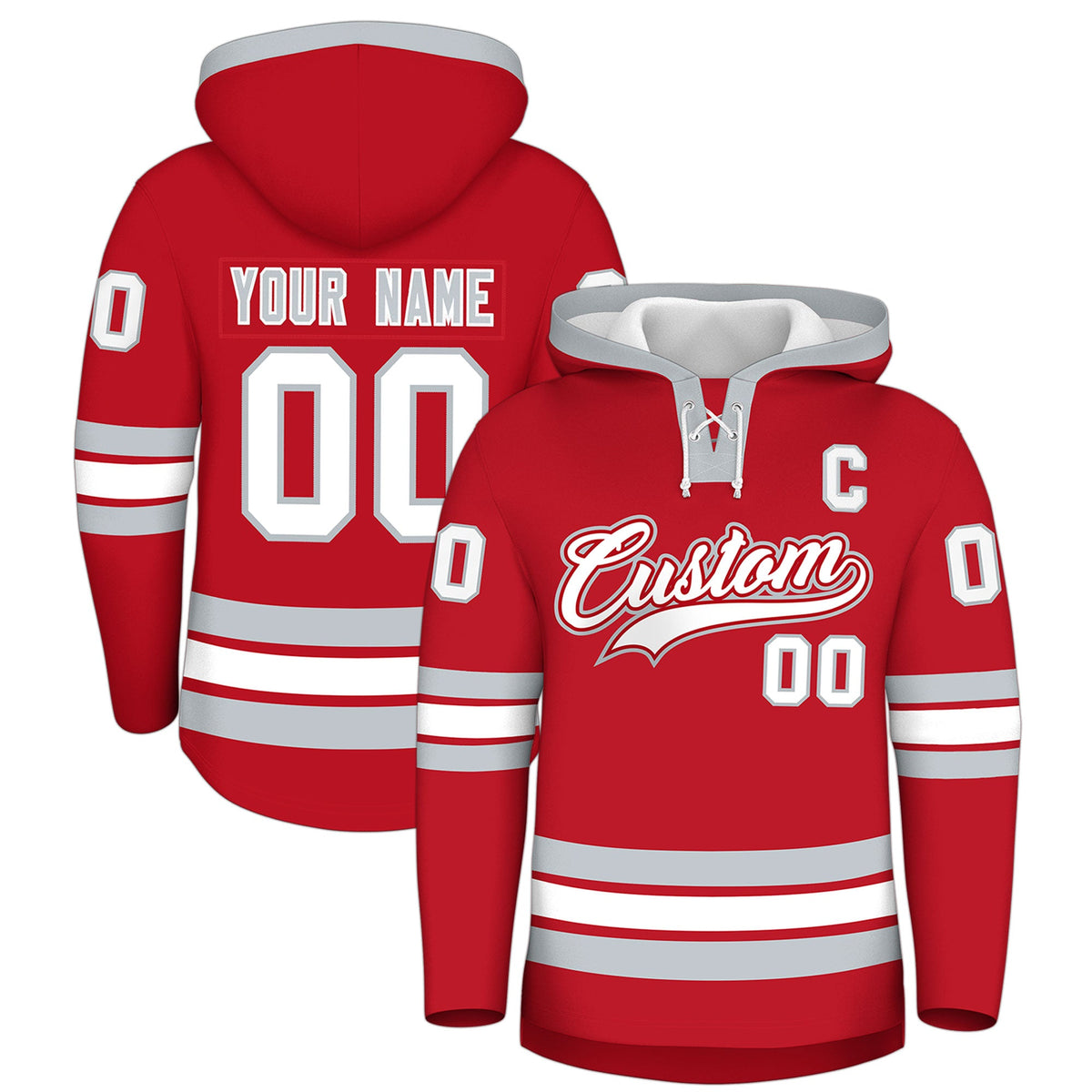 Custom Hockey Hoodie Jersey Red Silver Classic Style Add Name,Number&amp;Logo
