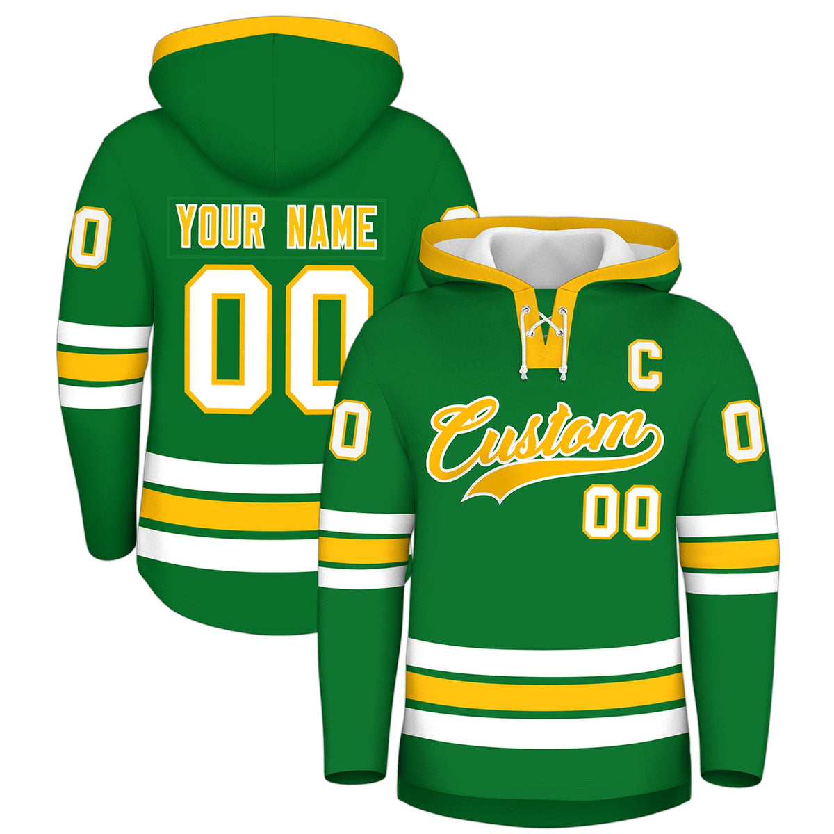 Custom Hockey Hoodie Jersey Kelly Green Gold Classic Style for Men&amp;Youth