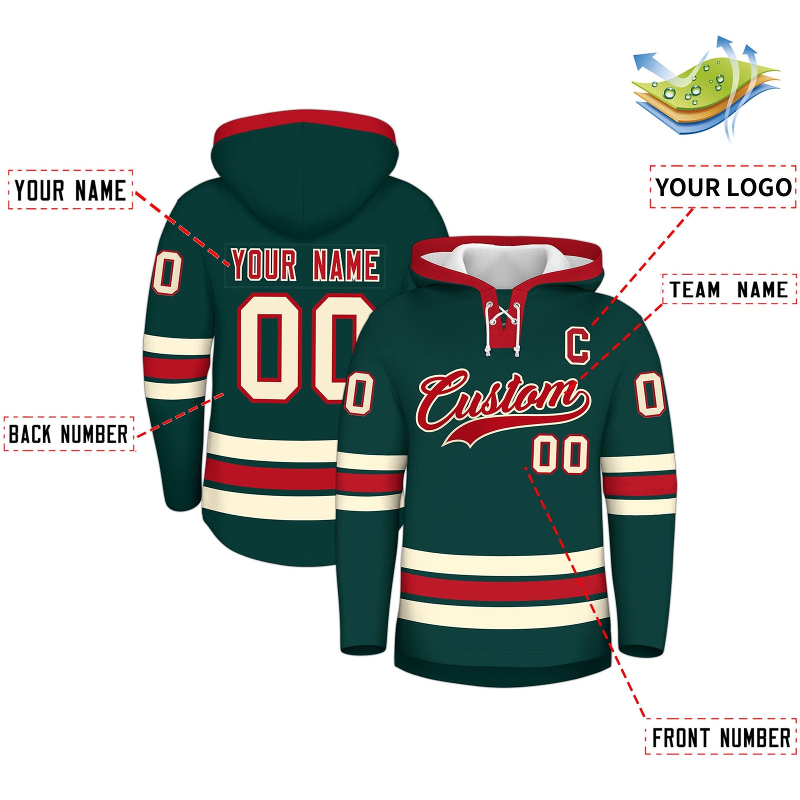Custom Hockey Hoodie Jersey Midnight Green Red Classic Style Add Name,Number&Logo