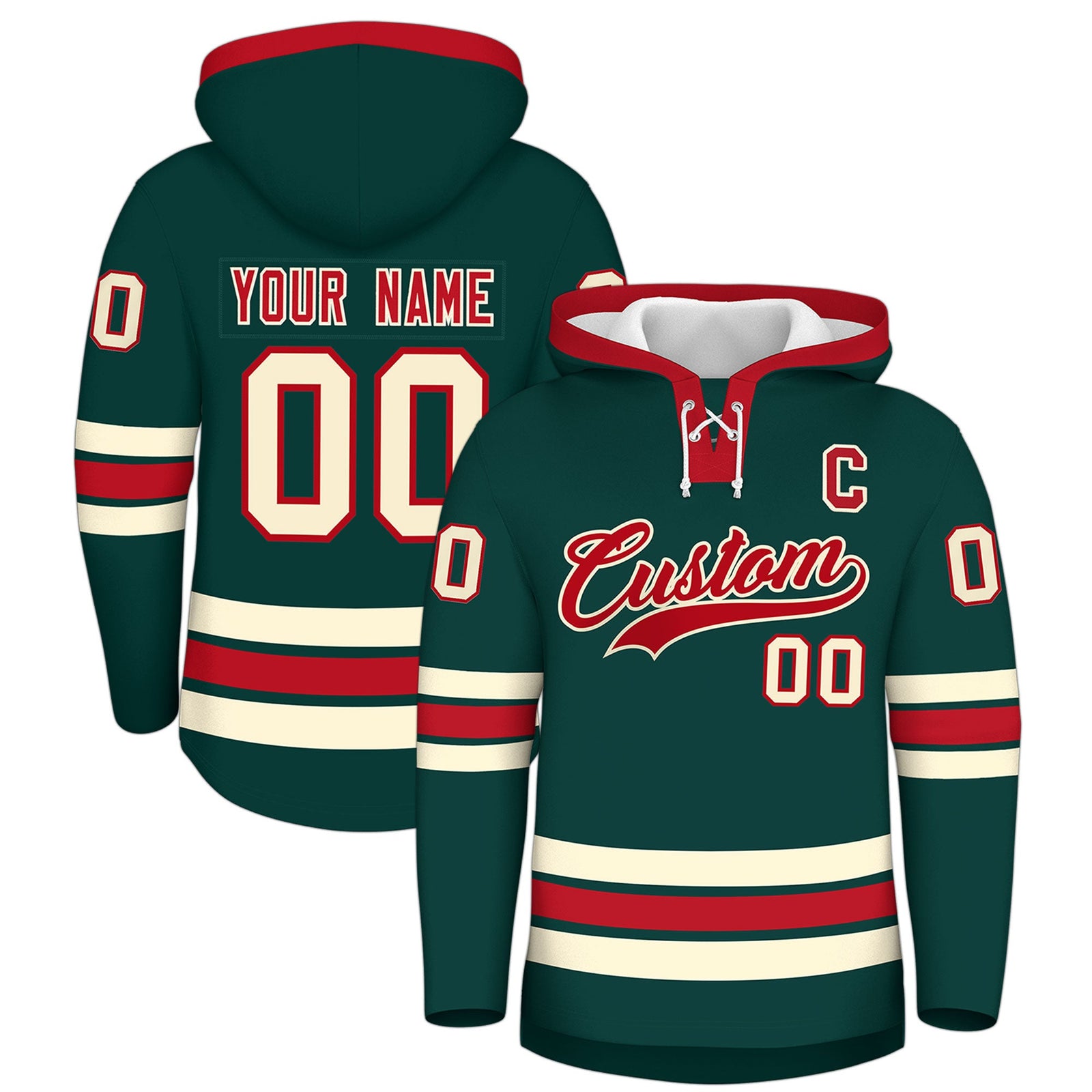 Custom Hockey Hoodie Jersey Midnight Green Red Classic Style Add Name,Number&Logo