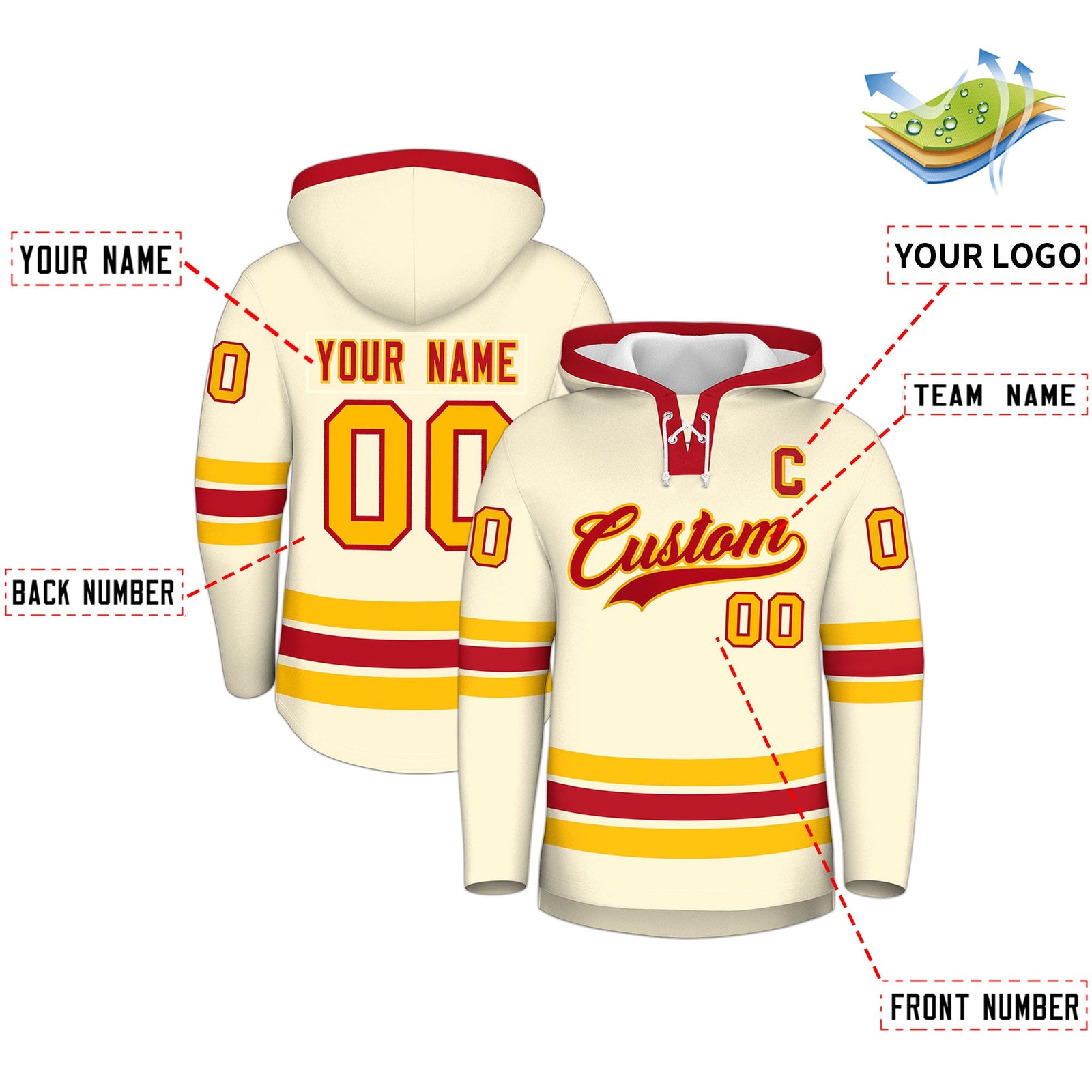 Custom Hockey Hoodie Jersey Cream Red Classic Style Add Name,Number&Logo