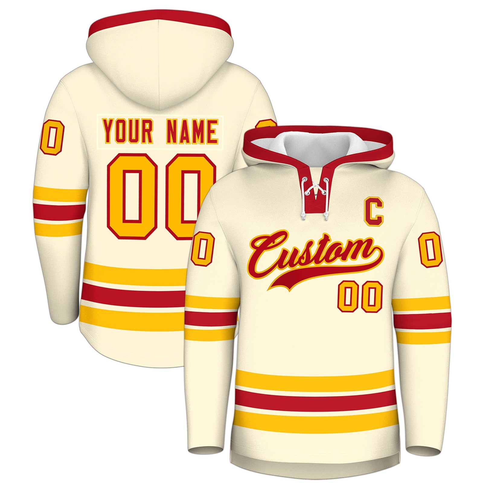 Custom Hockey Hoodie Jersey Cream Red Classic Style Add Name,Number&Logo