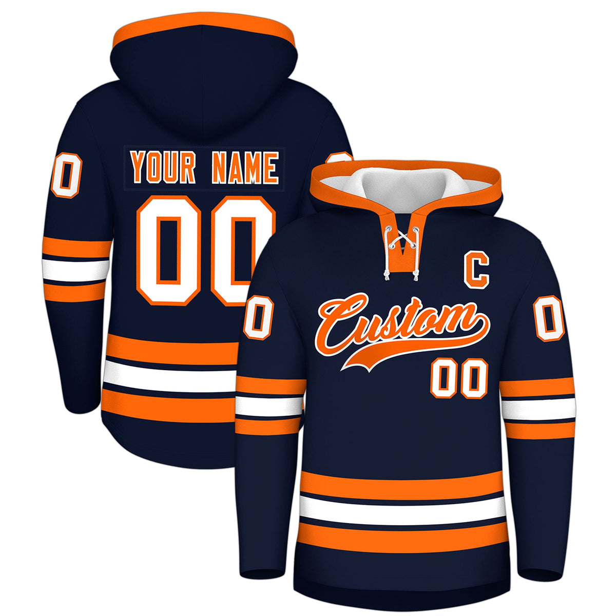 Custom Hockey Hoodie Jersey Navy Orange Classic Style for Men&amp;Youth