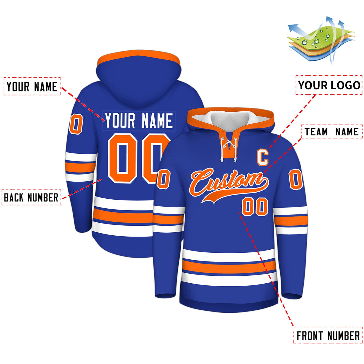 Custom Hockey Hoodie Jersey Royal Blue Orange Classic Style for Men&amp;Youth