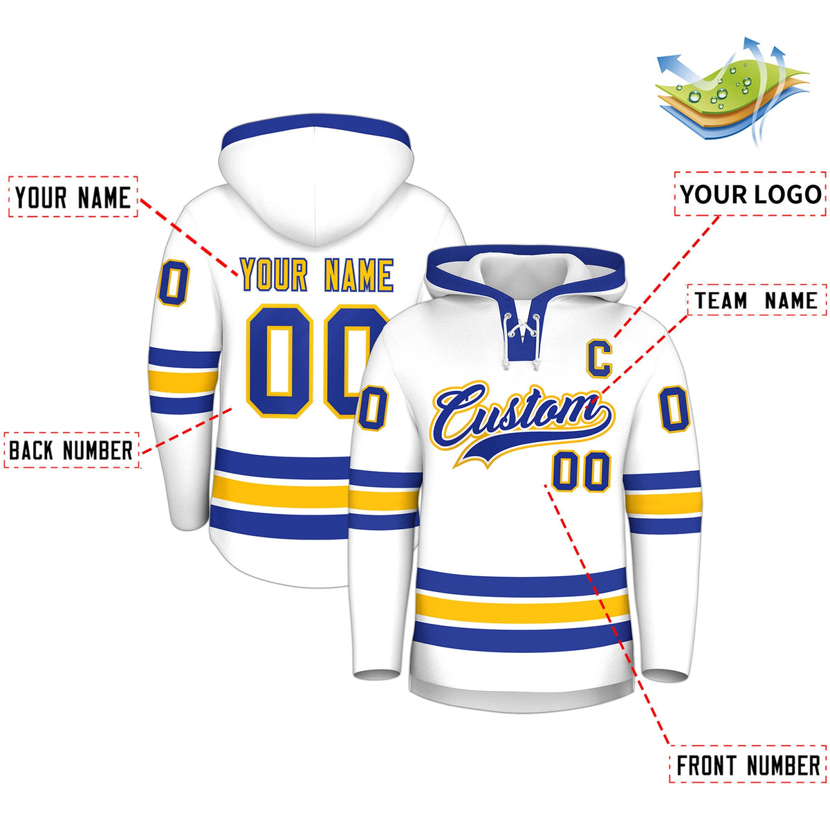 Custom Hockey Hoodie Jersey White Royal Blue Classic Style Add Name,Number &amp; Logo