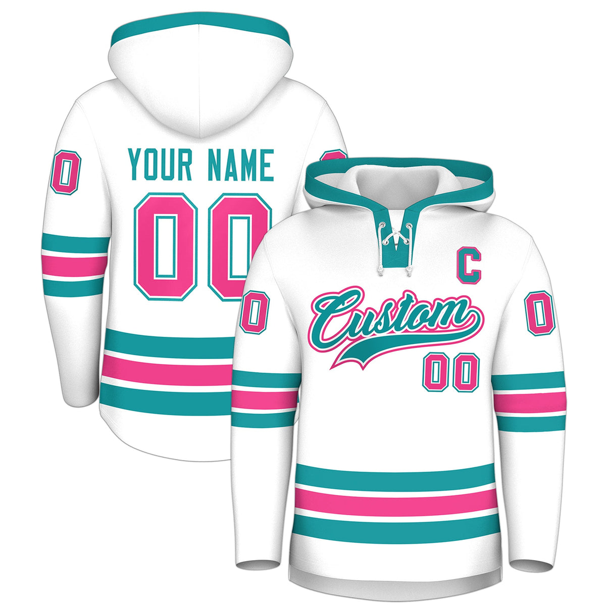 Custom Hockey Hoodie Jersey White Aqua Classic Style for Men&amp;Youth