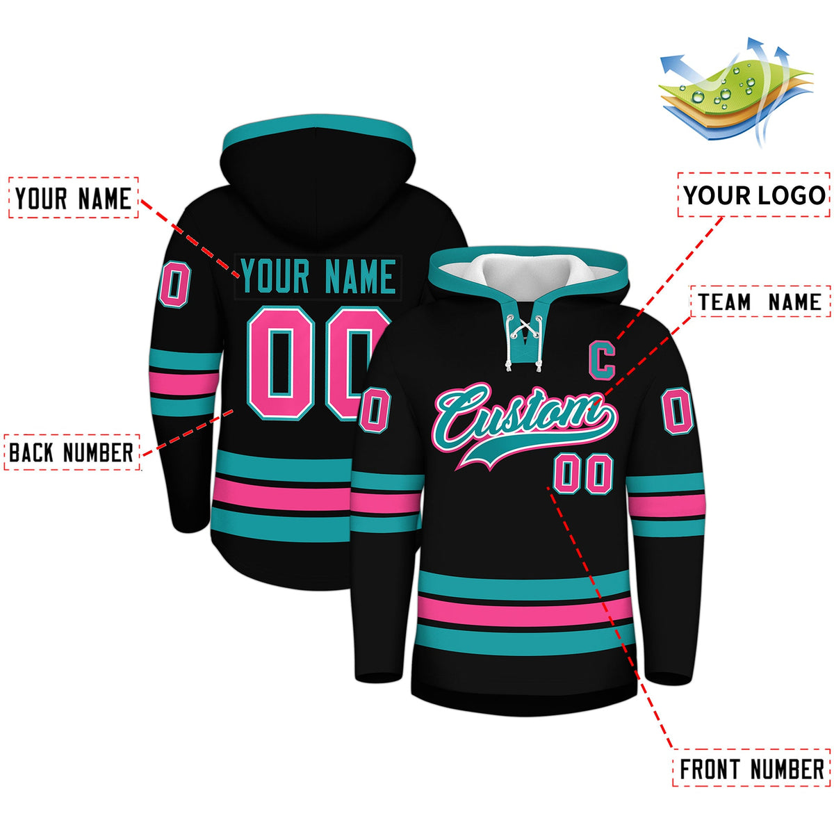 Custom Hockey Hoodie Jersey Black Aqua Classic Style Add Name,Number &amp; Logo
