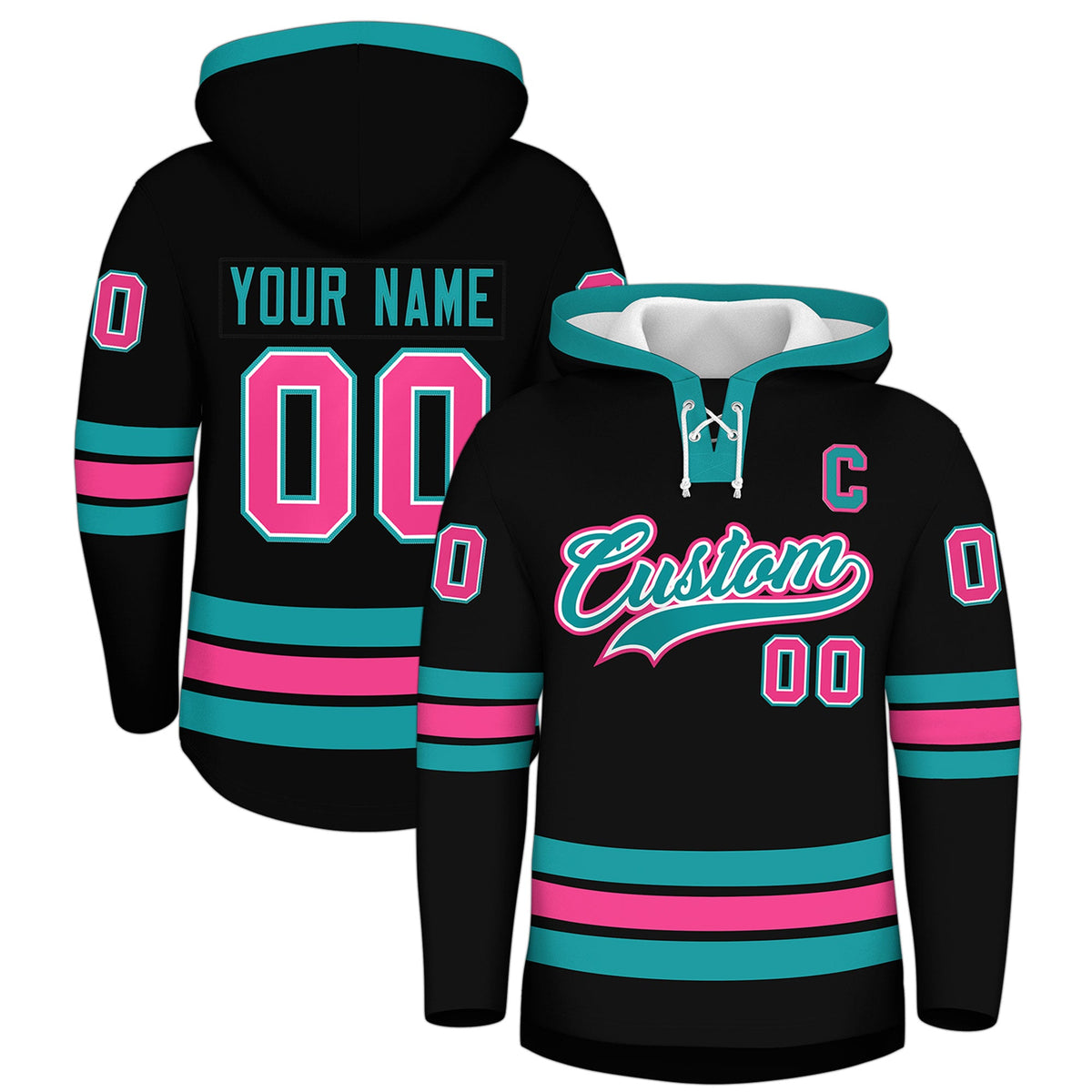 Custom Hockey Hoodie Jersey Black Aqua Classic Style Add Name,Number &amp; Logo