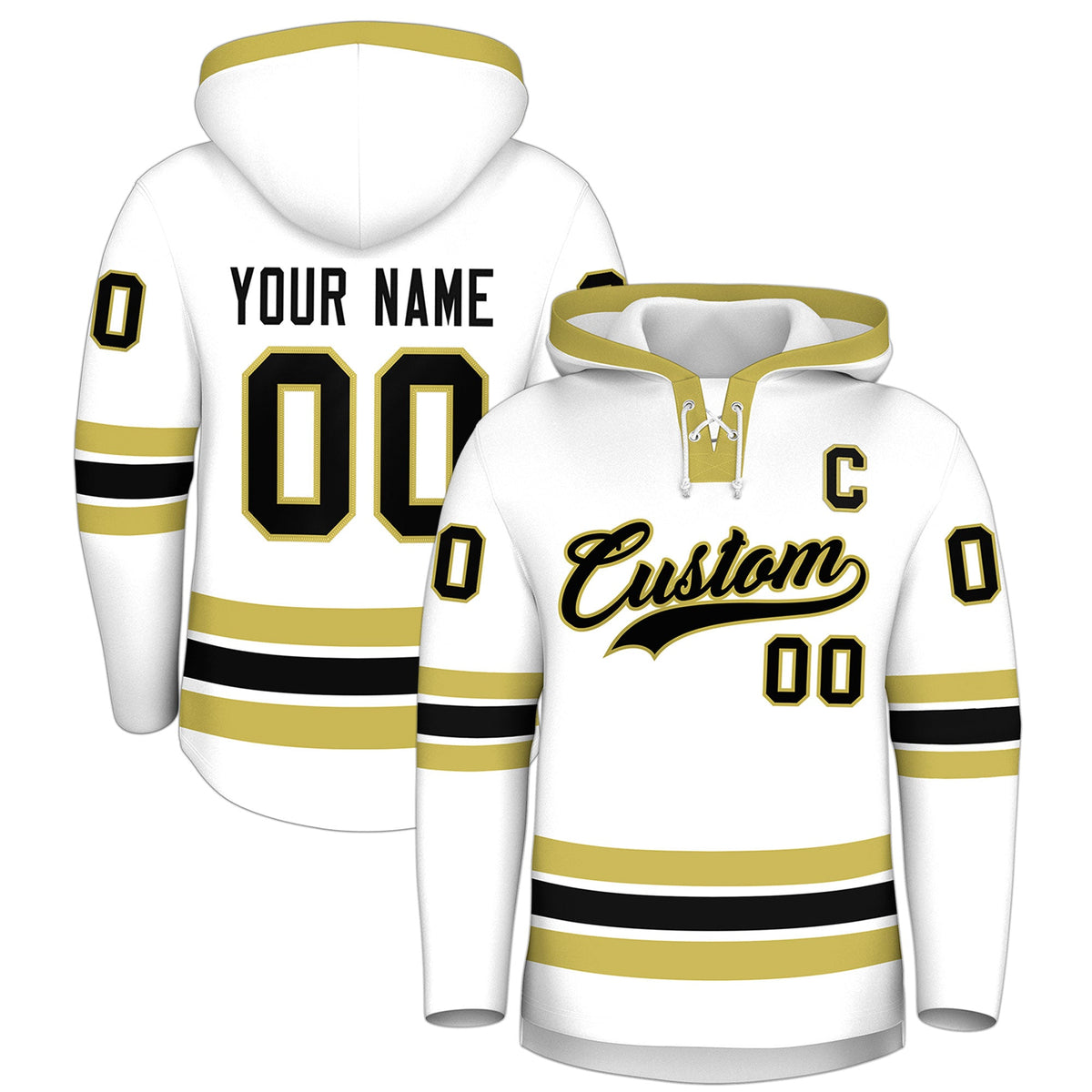 Custom Hockey Hoodie Jersey White Old Gold Classic Style Add Name,Number &amp; Logo