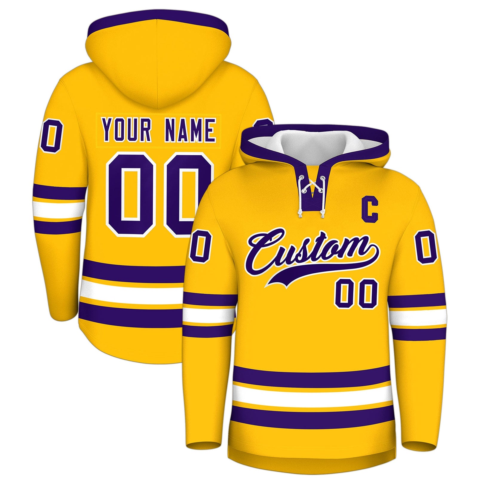Custom Hockey Hoodie Jersey Gold Purple Classic Style Add Name,Number & Logo