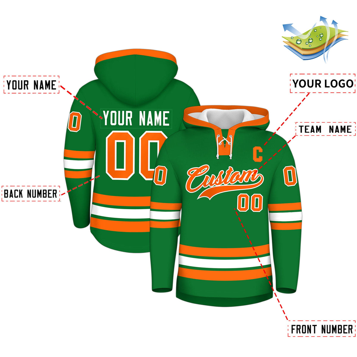 Custom Hockey Hoodie Jersey Kelly Green Orange Classic Style for Men&amp;Youth
