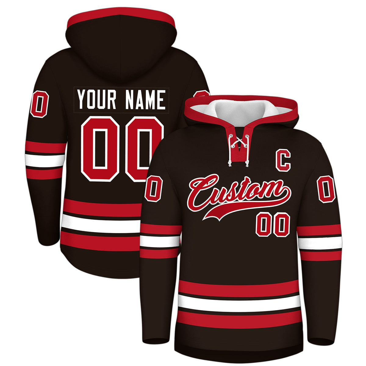 Custom Hockey Hoodie Jersey Brown Red Classic Style Add Name,Number&amp;Logo