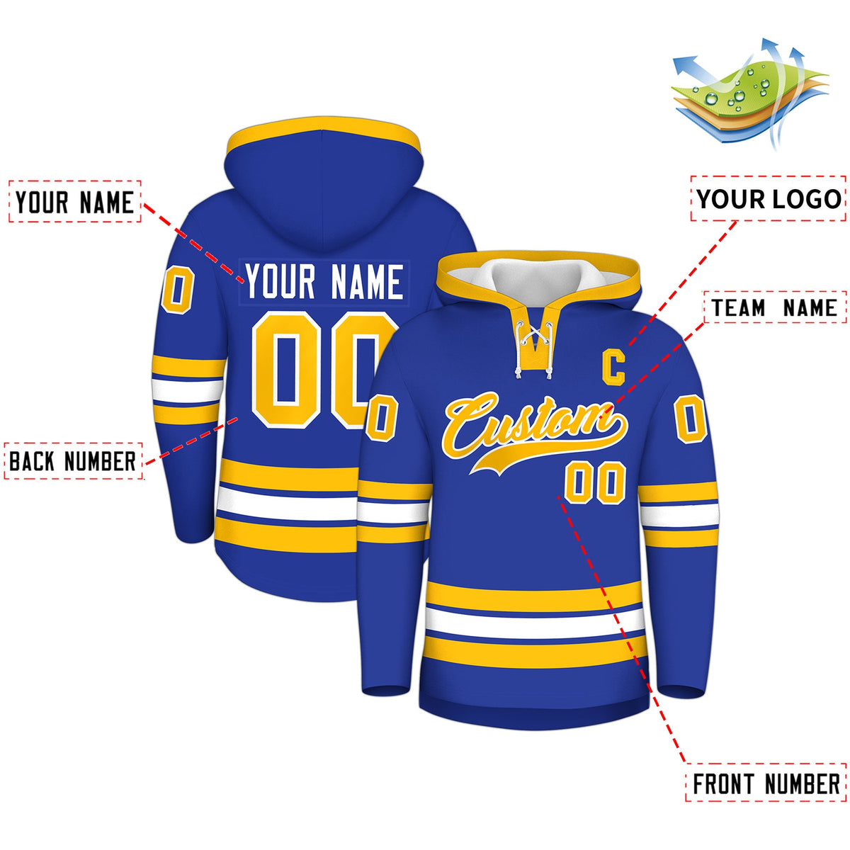 Custom Hockey Hoodie Jersey Royal Blue Gold Classic Style for Men&amp;Youth