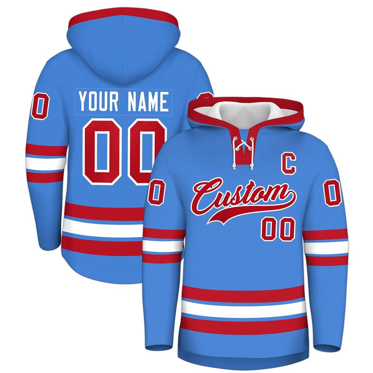 Custom Hockey Hoodie Jersey Powder Blue Red Classic Style for Men&amp;Youth