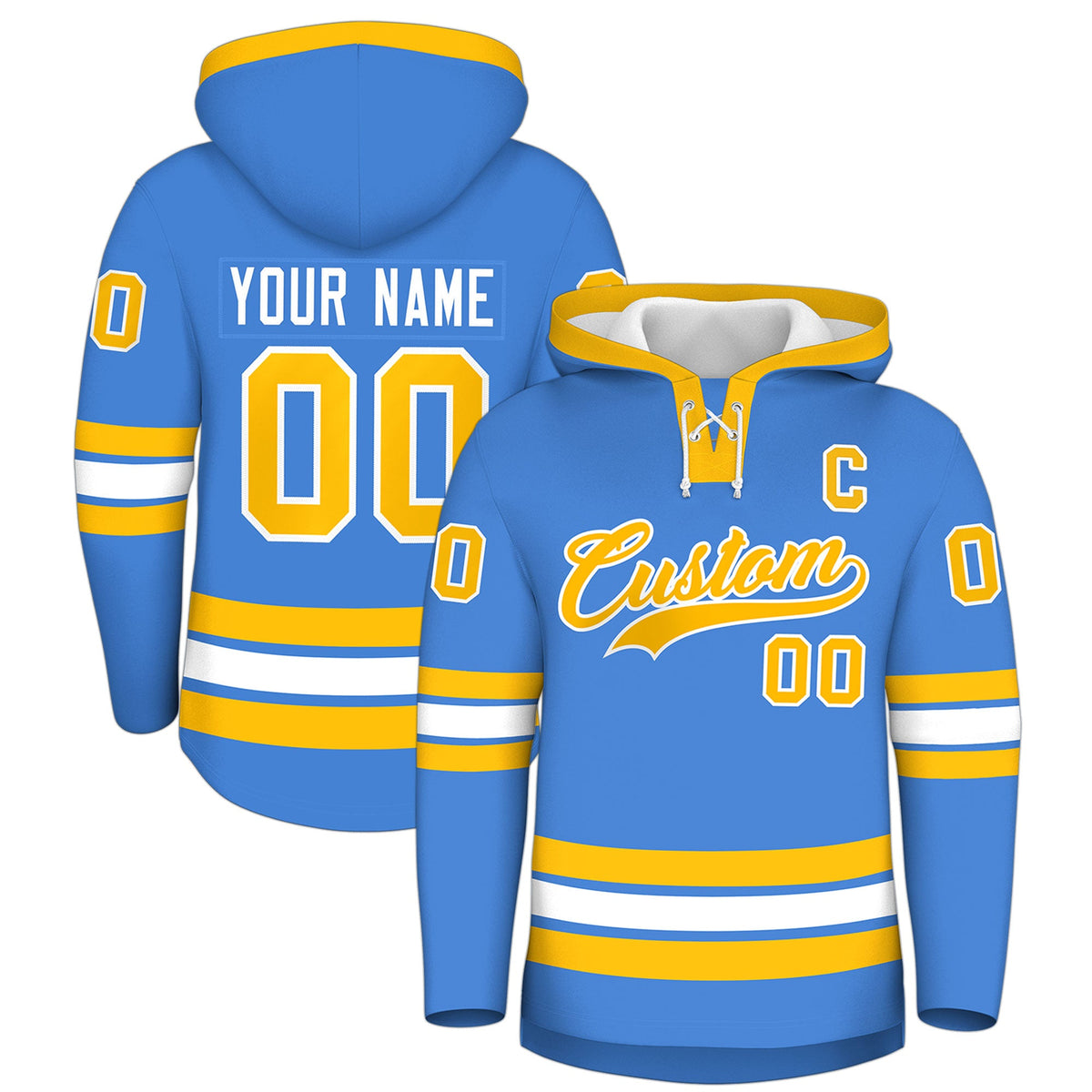 Custom Hockey Hoodie Jersey Powder Blue Gold Classic Style Add Name,Number&amp;Logo