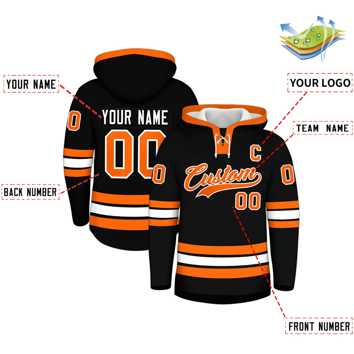 Custom Hockey Hoodie Jersey Black Orange Classic Style Add Name,Number&amp;Logo