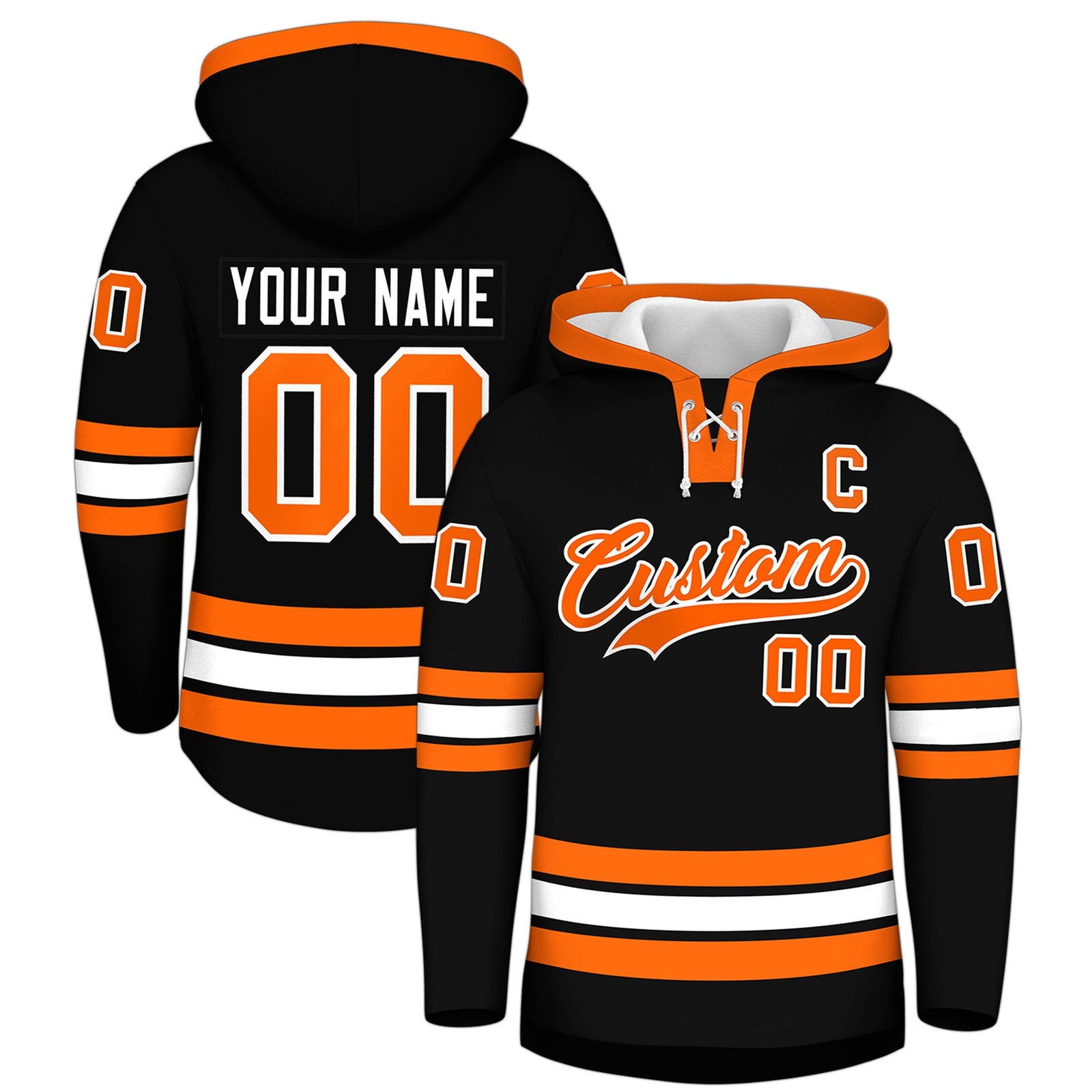 Custom Hockey Hoodie Jersey Black Orange Classic Style Add Name,Number&Logo
