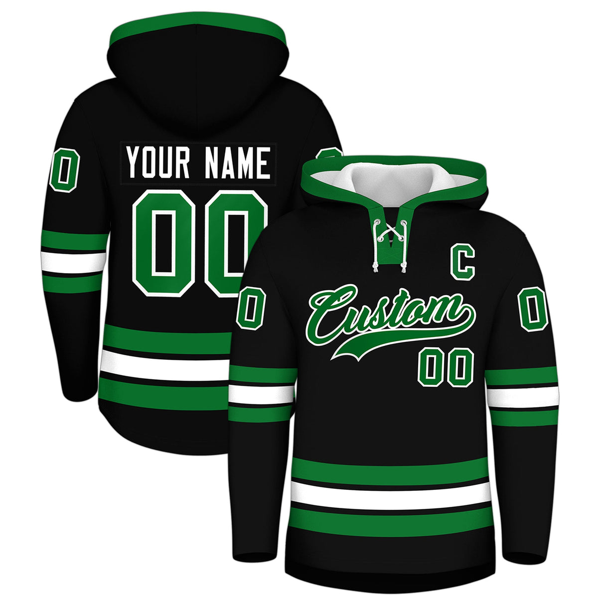 Custom Hockey Hoodie Jersey Black Kelly Green Classic Style for Men&amp;Youth