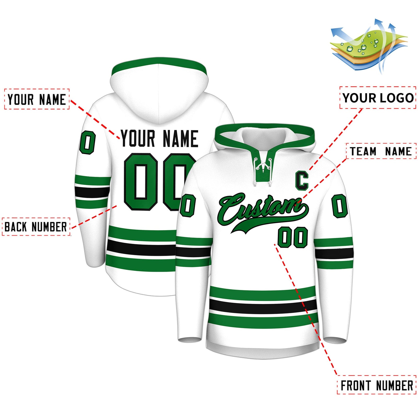 Custom Hockey Hoodie Jersey White Kelly Green Classic Style Add Name,Number&Logo
