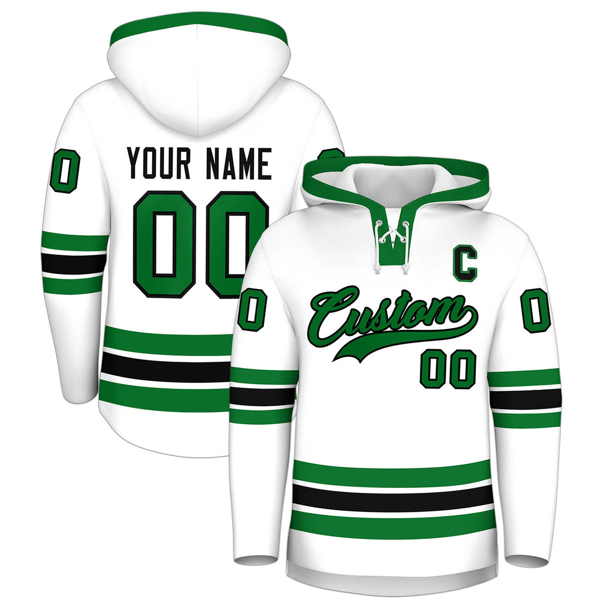Custom Hockey Hoodie Jersey White Kelly Green Classic Style Add Name,Number&amp;Logo