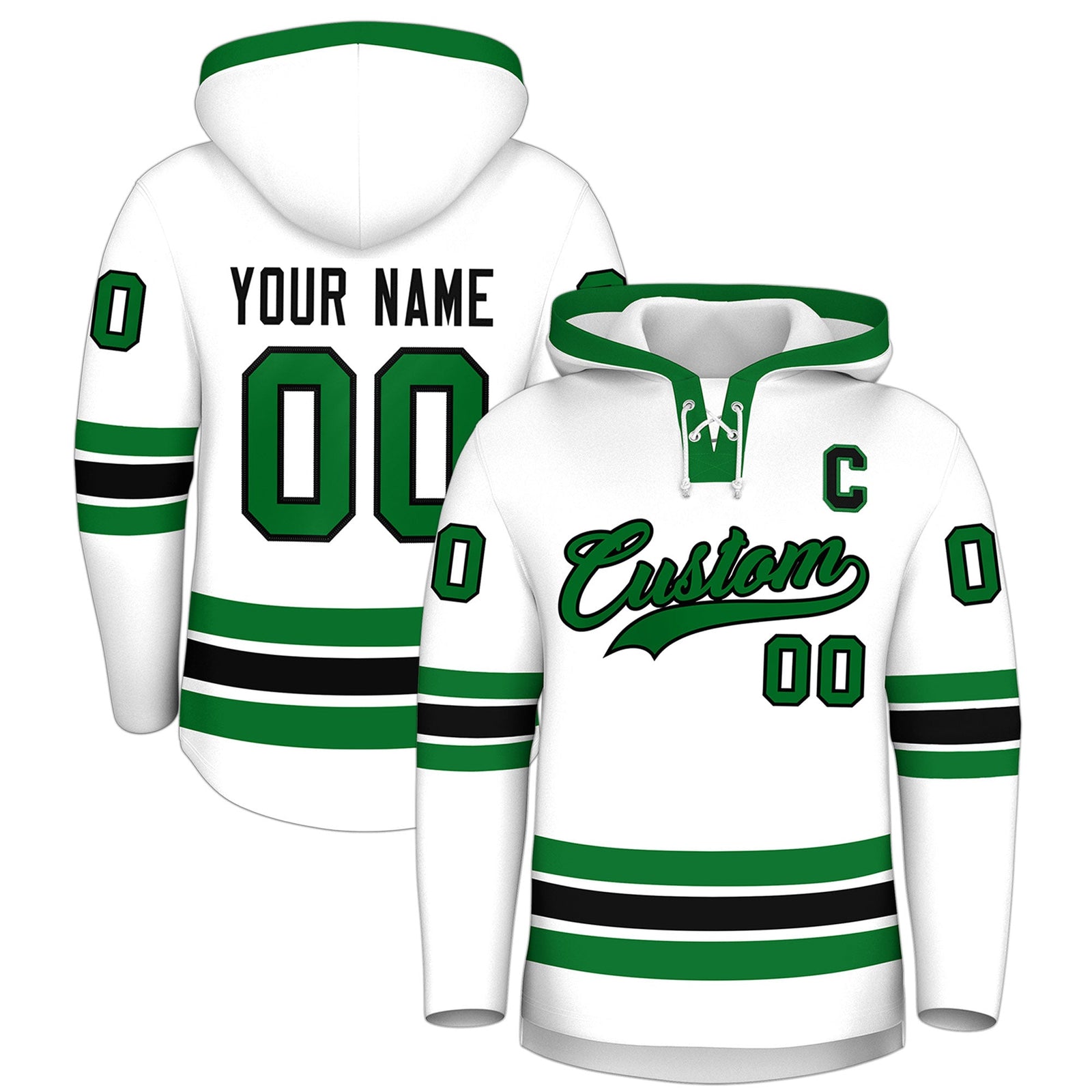 Custom Hockey Hoodie Jersey White Kelly Green Classic Style Add Name,Number&Logo