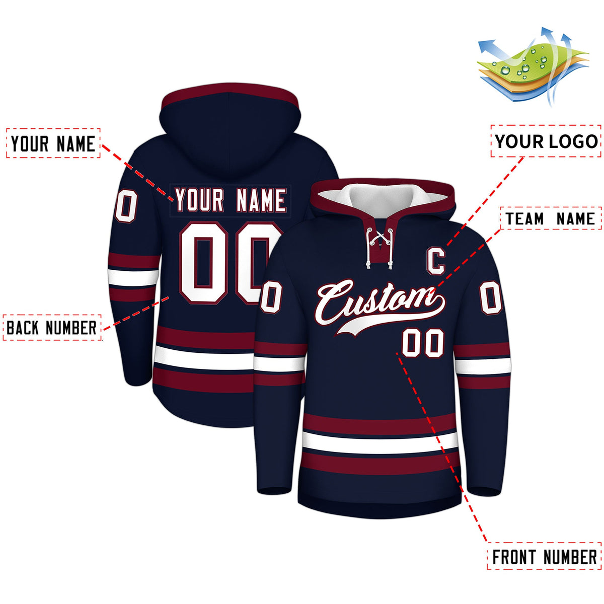 Custom Hockey Hoodie Jersey Navy Crimson Classic Style Add Name,Number&amp;Logo