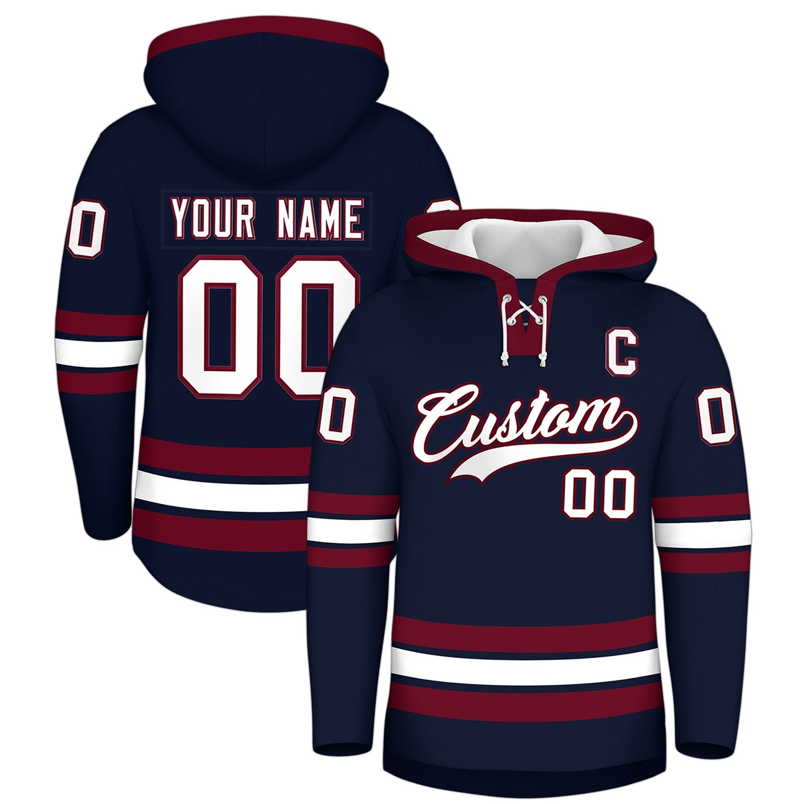Custom Hockey Hoodie Jersey Navy Crimson Classic Style Add Name,Number&Logo
