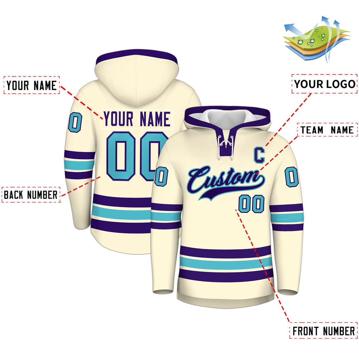 Custom Hockey Hoodie Jersey Cream Purple Classic Style for Men&amp;Youth