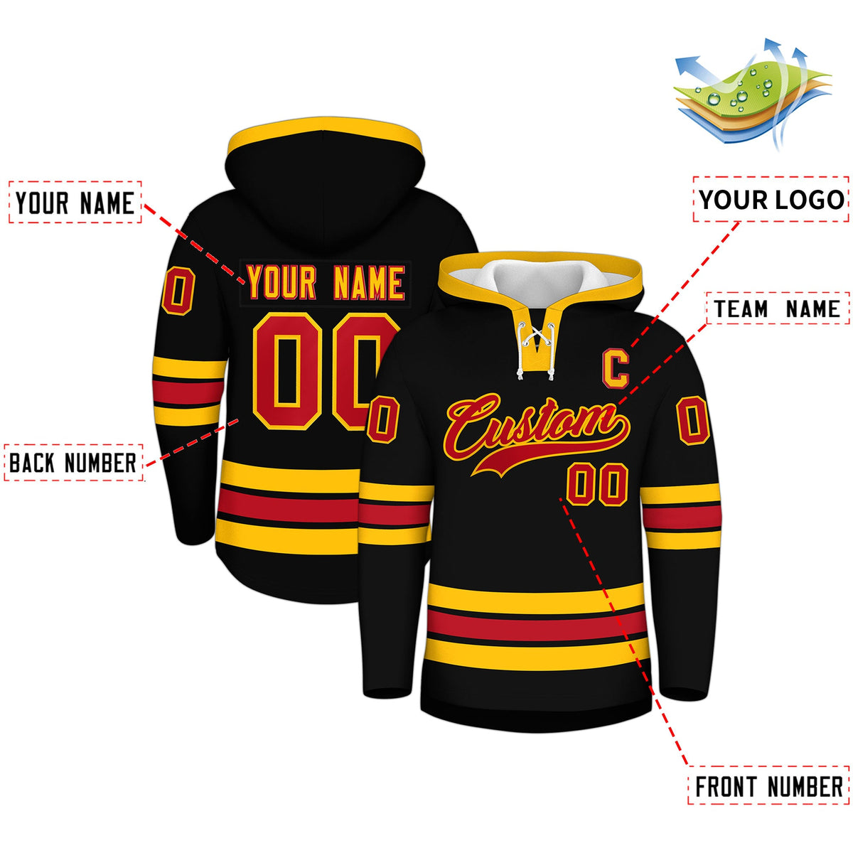 Custom Hockey Hoodie Jersey Black Red Classic Style Add Name,Number&amp;Logo