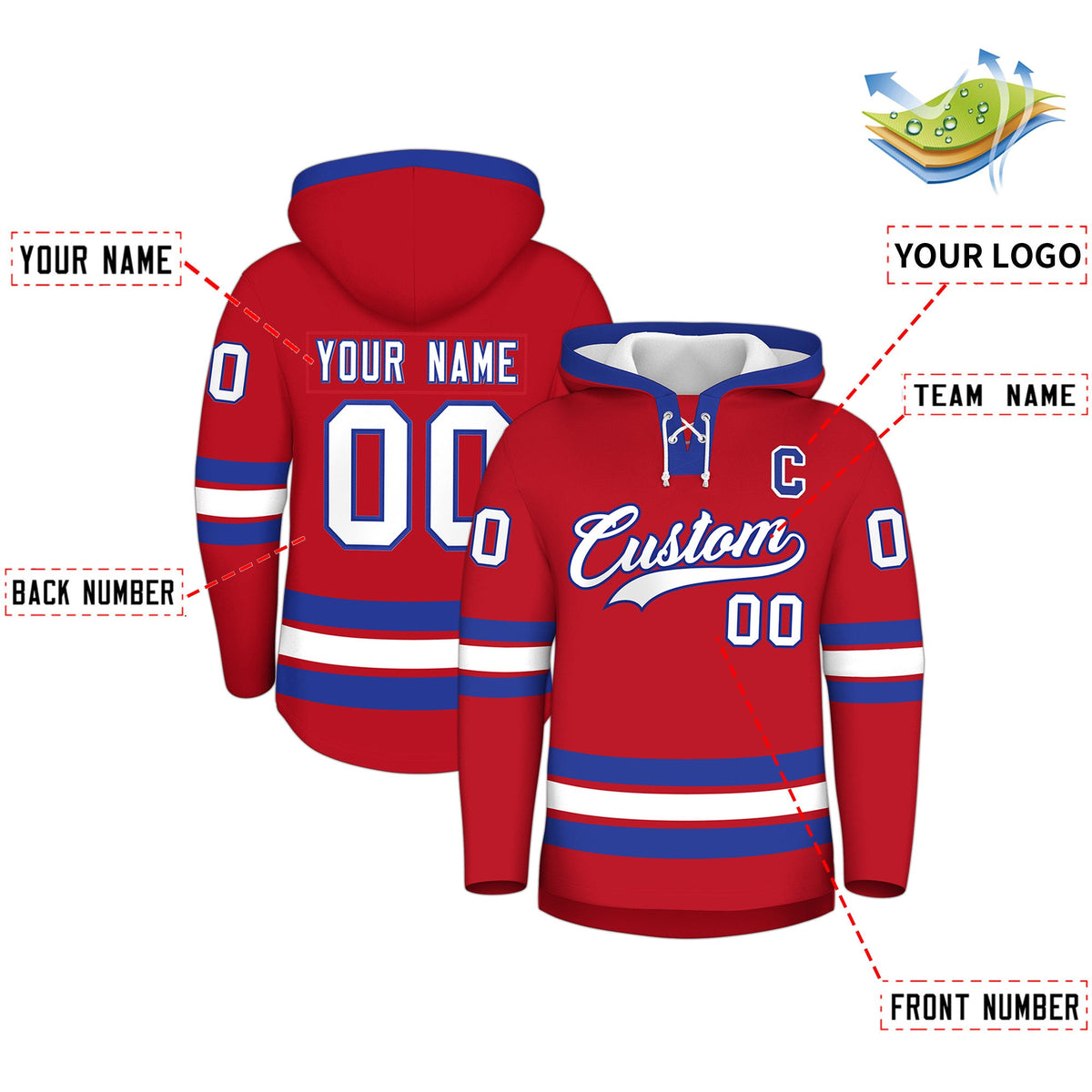 Custom Hockey Hoodie Jersey Red Royal Blue Classic Style Add Name,Number&amp;Logo