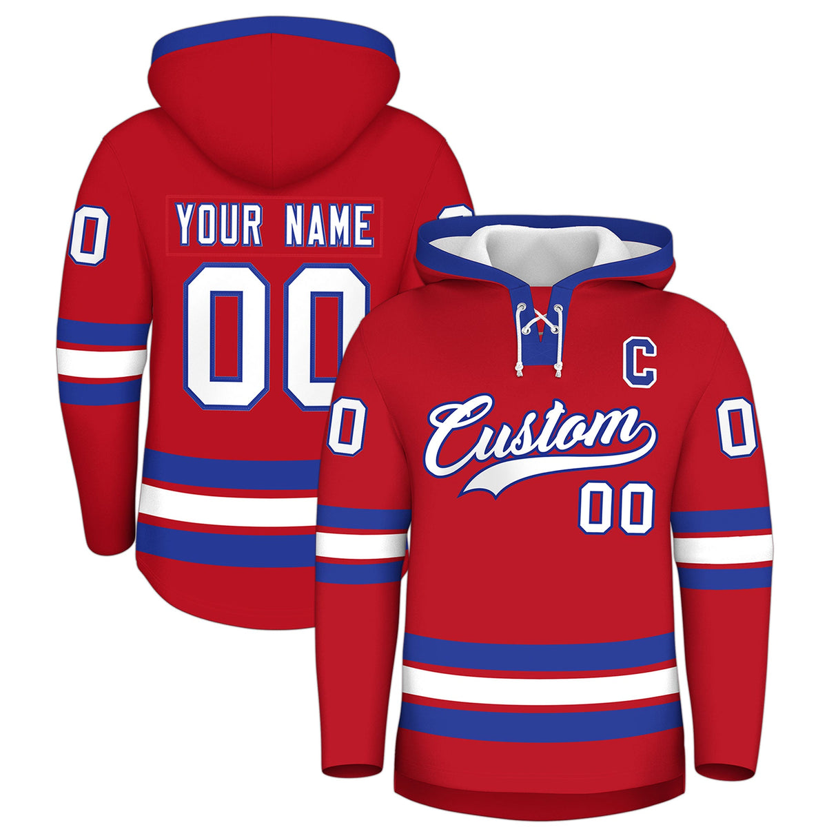 Custom Hockey Hoodie Jersey Red Royal Blue Classic Style Add Name,Number&amp;Logo