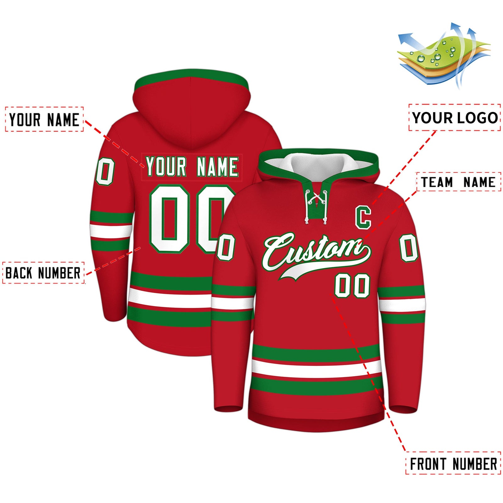 Custom Hockey Hoodie Jersey Red Kelly Green Classic Style for Men&Youth